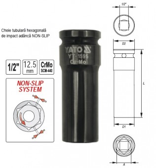 Cheie de impact adanca NON-SLIP, hexagonala, 1/2, 10-24mm, YATO