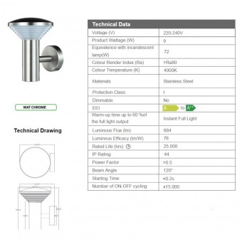 Horoz 076-016-0002 Aplica de exterior Bambu-2, Inox, IP44, Led, max 9W, 684lm, lumina neutral 4000K