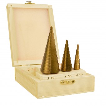 Set 3 burghie in trepte Geko G38502, 4-12, 4-20, 4-32 mm, HSS, acoperite cu titan