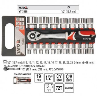 Trusa chei tubulare cu antrenor 19buc,1/2, Yato YT-3868
