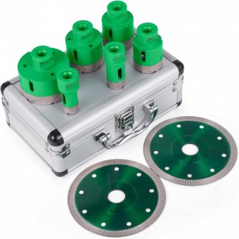 Vevor QGJJGSKKQ6JTJ2JP1V0 Set 6 carote diamantate si 2 discuri, pentru gresie, granit, marmura, Vevor M14, diametre 20/25/40/45/50/68 mm