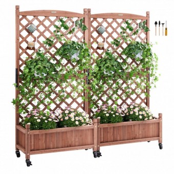 Vevor Z75X31X150CM2K2NRV0 Set 2 Jardiniere cu spalier, Lemn brad, capacitate 100 kg, dimensiune 150 x 33 x 156 cm, 8 x roti