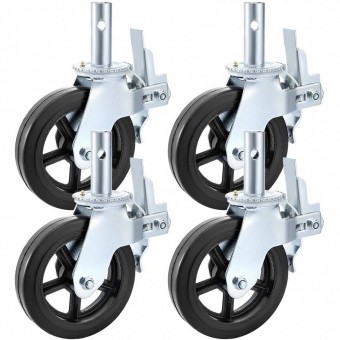 VivaTechnix JL8INZTXJYJL4WXSCV0 Set 4 roti pivotante, pentru carucioare, Frana dubla, Capacitate 510 kg/roata, Diametru 8 inch, Cauciuc/Otel