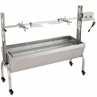 VivaTechnix KYLYCBD48220VQ027V2 Gratar pe carbune cu capac, rotisor electric 40W, Vivatechnix Otel Inoxidabil, Roti blocabile, inaltime reglabila, 147 x 45 x 106 cm