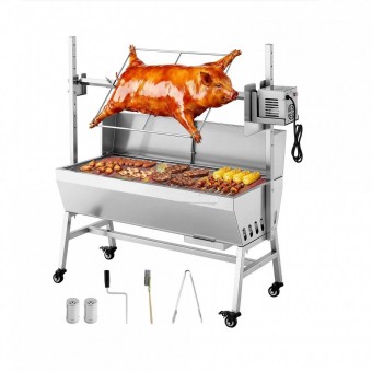 VivaTechnix PZSHLK37INCH5XEW0001V2 Gratar pe carbune cu rotisor electric 38W, Otel Inoxidabil, inaltime de gatit reglabila 7 niveluri, 1135 x 442 x 1123 mm, 4 roti