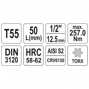 Worcraft YT-04317 Bit Torx T55 cu adaptor 1/2, 55mm, Cr-V, Yato YT-04317