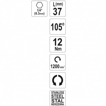 YATO YT-04632  Adaptor bormasina cu cap inclinat Yato YT-04632, unghi 105Â°, max 1200 rpm, Hex, lungime 37 mm