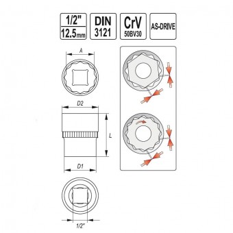 YATO YT-1274 Cheie tubulara bihexagonala, 12 mm, 1/2, CR-V, Yato YT-1274