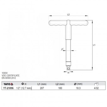 YATO YT-21096/ Antrenor izolat Tip T, 1/2, 200mm, VDE 1000V, Yato YT-21096