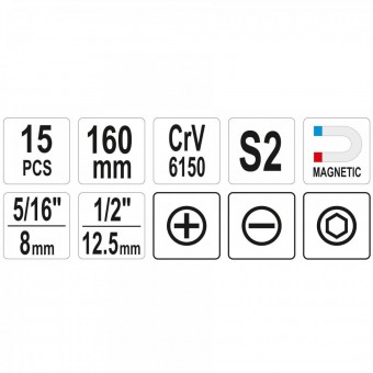 YATO YT-28015 Surubelnita de impact Yato YT-28015, cutie metal, 15 piese, magnetic, Crom Vanadiu