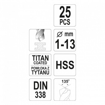 YATO YT-44676 Set burghie titan pentru metal, 25 buc, HSS TiN, 1-13mm, Yato YT-44676