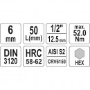 Bit hexagonal 6mm cu adaptor 1/2, 55mm, Cr-V, Yato YT-04382