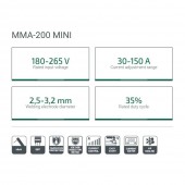 DWT MMA-200MINI Invertor de sudura DWT MMA-200 Mini, 150 A, 230 V, electrod 2.5-3.2 mm, 3.6 kg, accesorii incluse