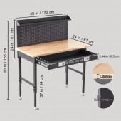 VivaTechnix DGBG48X24INCHD1NXV2 Banc de lucru cu sertar, Inaltime reglabila 71-100 cm, Lumina led, 4 x Priza AC, 2 x USB, max 900 kg, Blat stejar