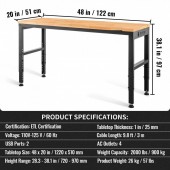 VivaTechnix LDSGZTSM4820V400PV2 Banc de lucru cu inaltime reglabila 719 â€“ 968 mm, max 900 kg, 4 x Prize AC, 2 x USB, Blat stejar