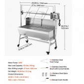 VivaTechnix PZSHLK37INCH5XEW0001V2 Gratar pe carbune cu rotisor electric 38W, Otel Inoxidabil, inaltime de gatit reglabila 7 niveluri, 1135 x 442 x 1123 mm, 4 roti
