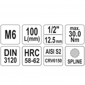 YATO YT-04351 Bit spline cu adaptor Yato YT-04351, M6, 1/2, 100 mm, Cr-V