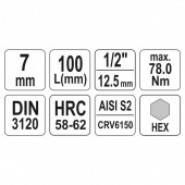 YATO YT-04393 Bit lung hexagonal cu adaptor 1/2, 7x100mm, Cr-V, Yato YT-04393
