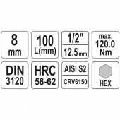 YATO YT-04394 Bit lung hexagonal cu adaptor 1/2, 8x100mm, Cr-V, Yato YT-04394