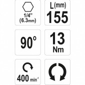 YATO YT-04631 Adaptor bormasina cu cap inclinat Yato YT-04631, unghi 90, max 400 rpm, Hex, lungime 155 mm