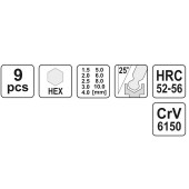 YATO YT-0505 Set profesional 9 chei imbus hexagonale, Yato YT-0505, Cr-V, 1.5-10mm